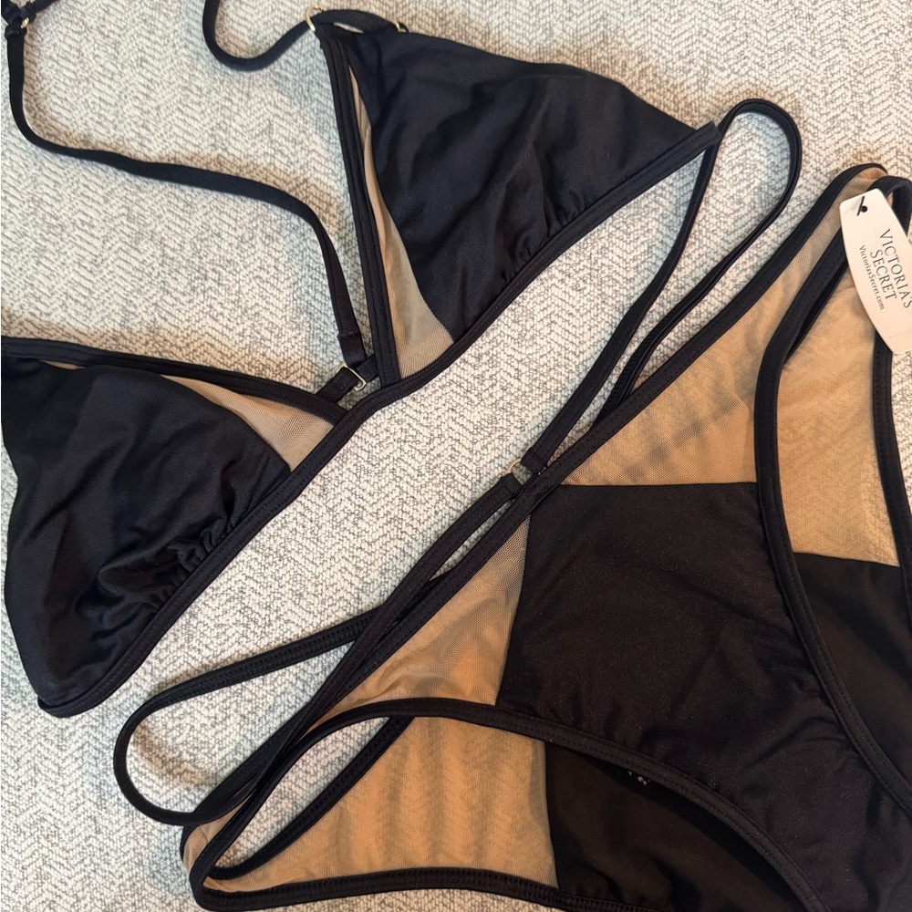 Victoria's Secret Black and Nude Mesh Strappy Bikini